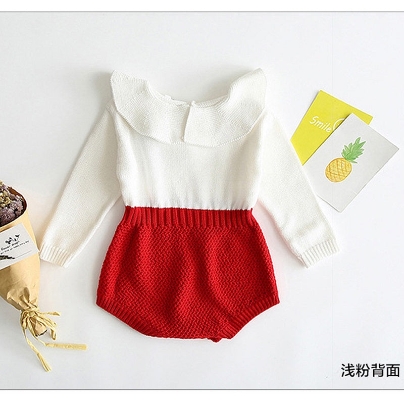 Cute Baby Girls Wool Knitting Patchwork Tops Long Sleeve Ruffle Romper Shorts Warm Outfits Clothes 0-24M - ebowsos