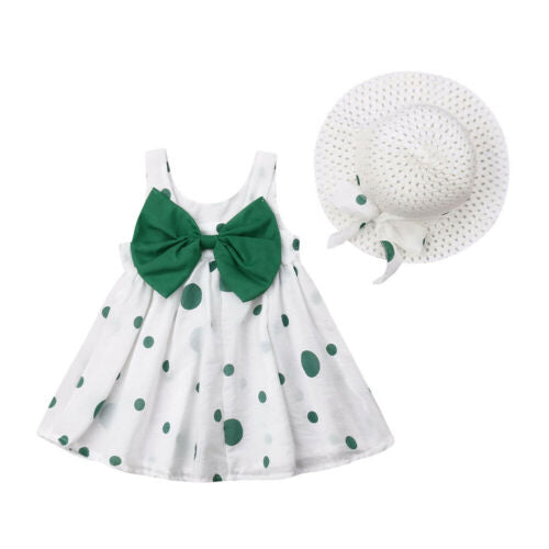 Cute Baby Kids Girls Dress Dot Bowknot Dresses+Hat Casual Party Sundress Clothes 6M-3Y - ebowsos