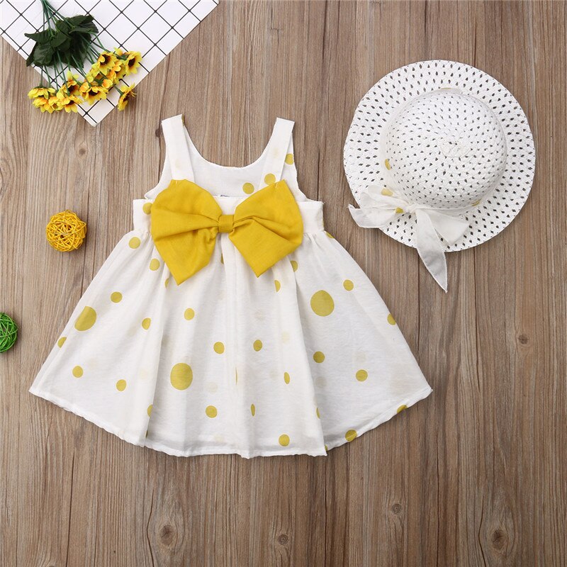 Cute Baby Kids Girls Dress Dot Bowknot Dresses+Hat Casual Party Sundress Clothes 6M-3Y - ebowsos