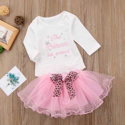 Cute Bow Infant Baby Girl Long Sleeve Letter Bodysuit Playsuit+tutu Skirt Outfit Set Clothes - ebowsos