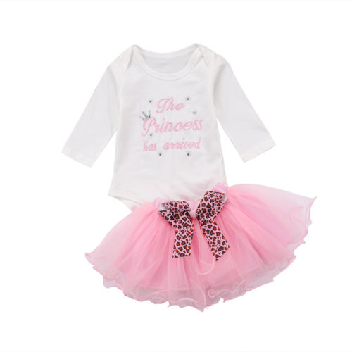 Cute Bow Infant Baby Girl Long Sleeve Letter Bodysuit Playsuit+tutu Skirt Outfit Set Clothes - ebowsos