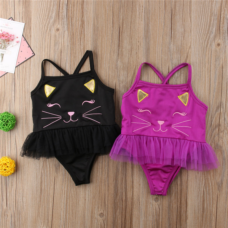 Cute Cart Cat Print Toddler Kids Baby Girls Lace Romper Dress Swimwear Swimsuit Bathing Suit Dress Beachwear - ebowsos