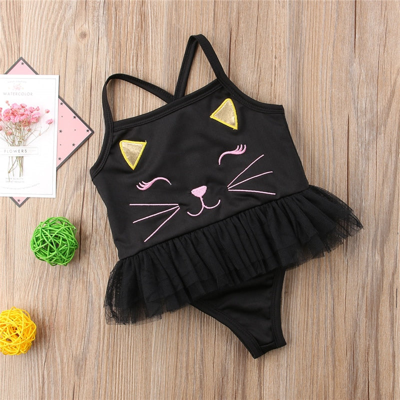 Cute Cart Cat Print Toddler Kids Baby Girls Lace Romper Dress Swimwear Swimsuit Bathing Suit Dress Beachwear - ebowsos