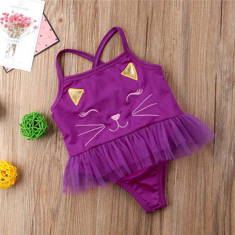 Cute Cart Cat Print Toddler Kids Baby Girls Lace Romper Dress Swimwear Swimsuit Bathing Suit Dress Beachwear - ebowsos