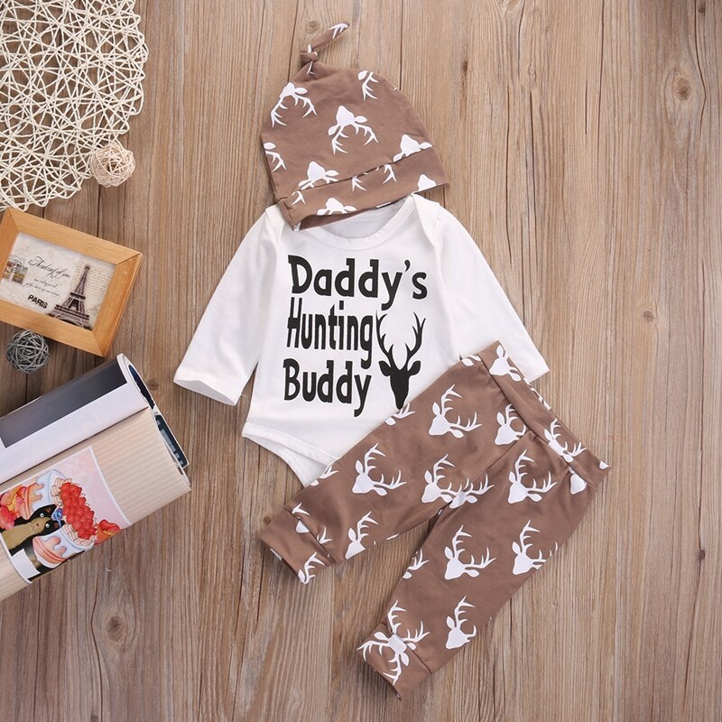 Cute Cartoon Deer Children Clothing Baby Boys Clothes Romper Baby Long Sleeve Tops Legging Pants Hat Set Outfits - ebowsos