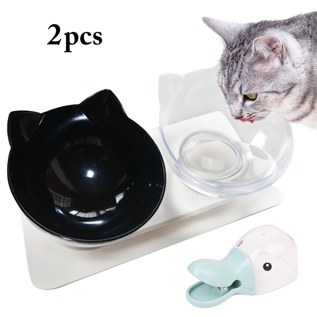 Cute Cat Face Shape Pet Bowls Adjustable Dual-Bowl Tilting Non-Slip Dog Food Bowl Cat Bowl With Food Scoop Pet Feeding Supplies-ebowsos