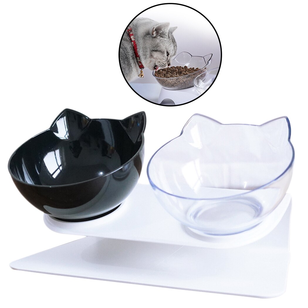 Cute Cat Face Shape Pet Bowls Adjustable Dual-Bowl Tilting Non-Slip Dog Food Bowl Cat Bowl With Food Scoop Pet Feeding Supplies-ebowsos