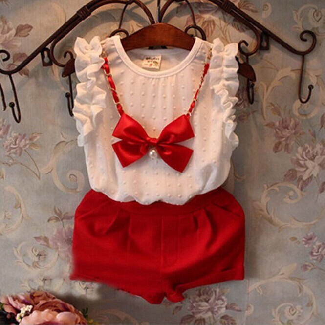 Cute Children Princess Clothing Casual Baby Girls Chiffon Tops Blouse Shirt Bow Necklace Pants Outfits Set 0-5T - ebowsos