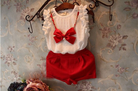 Cute Children Princess Clothing Casual Baby Girls Chiffon Tops Blouse Shirt Bow Necklace Pants Outfits Set 0-5T - ebowsos