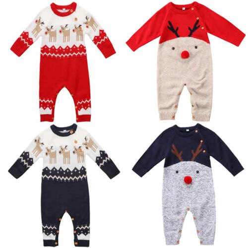 Cute Christmas Baby Romper Newborn Baby Boy Girl Deer Wool Knitting Romper Long Sleeve Jumpsuit Outfits - ebowsos