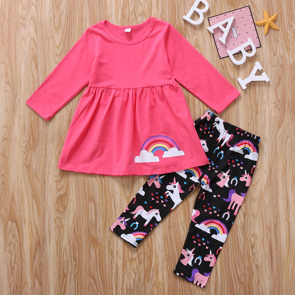 Cute Cotton Kids Baby Girl Rianbow Outfit Shirt Long Sleeve T-shirt Tops + Long Pants Jeans Clothes - ebowsos