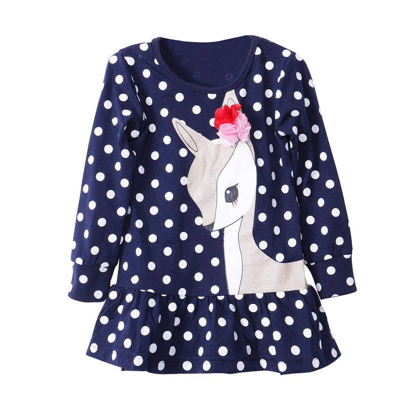 Cute Deer Polka Dots Girl Dress Children Kids Clothing Long Sleeve Cotton Top T-Shirt - ebowsos