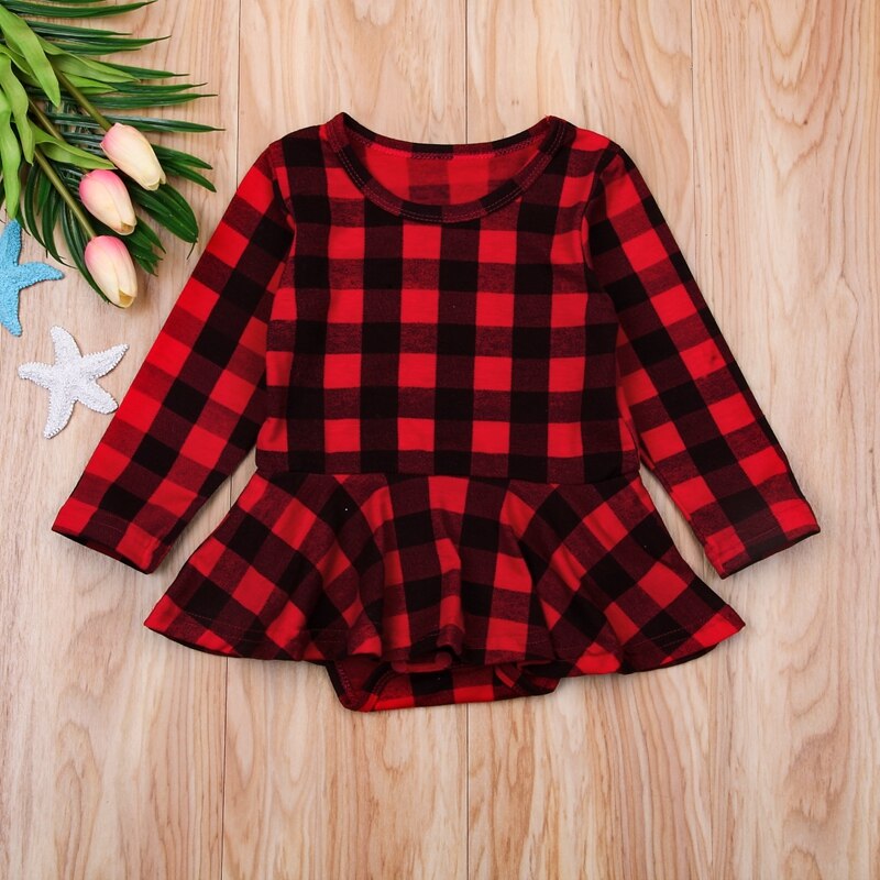 Cute Fashion Baby Pirncess Plaid Bodysuit Baby Long Bodysuit Newborn Girls Jumpsuit Dress Outfits - ebowsos