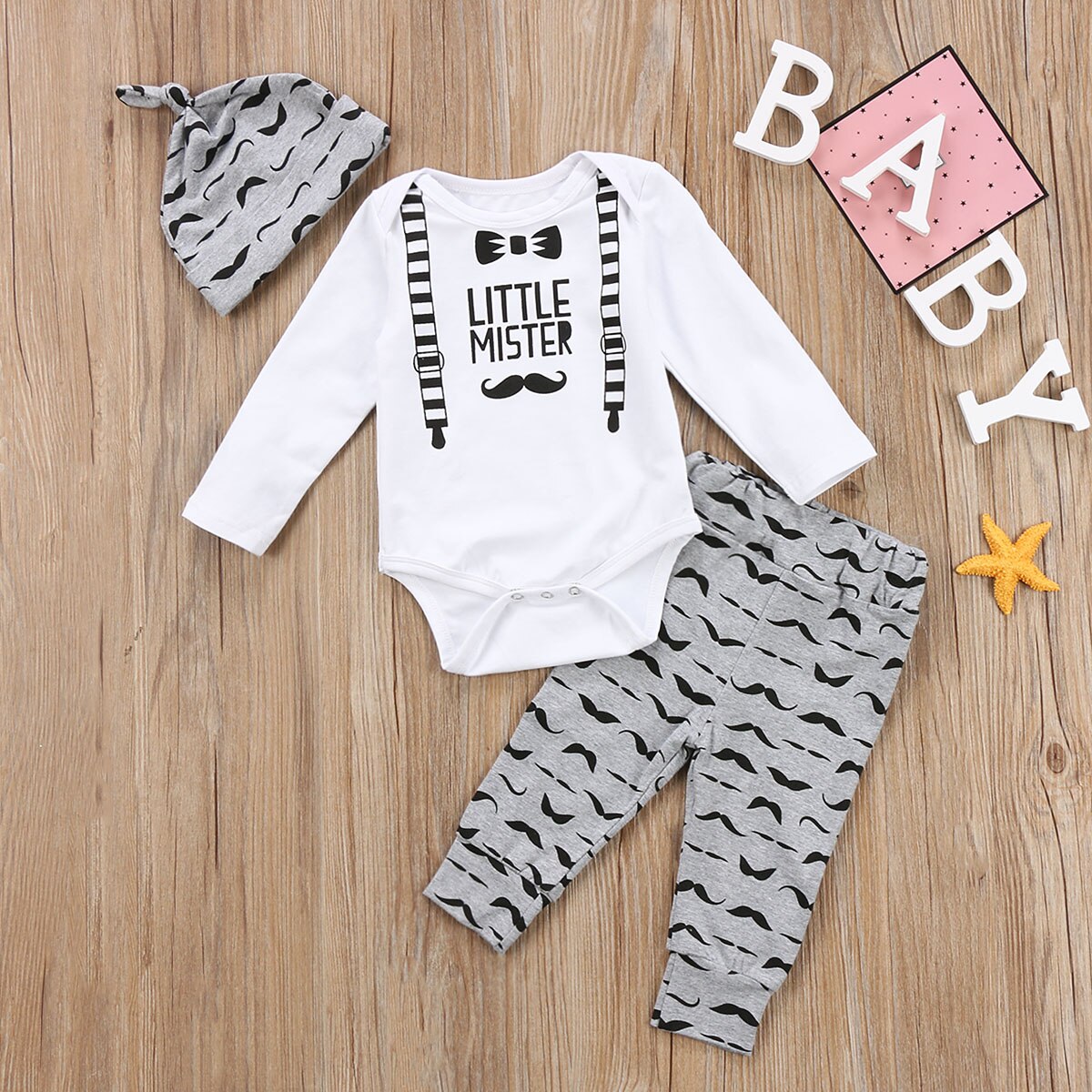 Cute Gentleman Baby Boys Long Sleeve Jumpsuit Bodysuit Pants Trousers Clothes Outfits 0-18M 3PCS Set - ebowsos