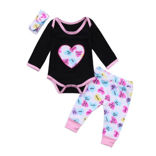 Cute Heart Baby Girls Cotton T-shirt Tops Clothing Sets + Long Pants Headband Outfits Clothes Set  3 Pcs Newborn - ebowsos