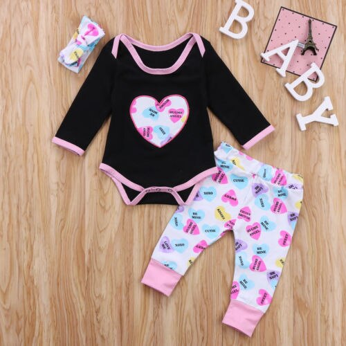 Cute Heart Baby Girls Cotton T-shirt Tops Clothing Sets + Long Pants Headband Outfits Clothes Set  3 Pcs Newborn - ebowsos