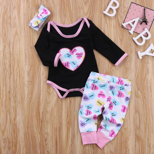 Cute Heart Baby Girls Cotton T-shirt Tops Clothing Sets + Long Pants Headband Outfits Clothes Set  3 Pcs Newborn - ebowsos