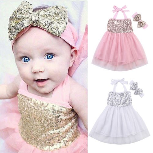 Cute Infant Kids Baby Girls Clothes Dress Toddler Jumpsuit Sleeveless Princess Clothing Dresses+Headband Outfits 2PCS 0-18M - ebowsos