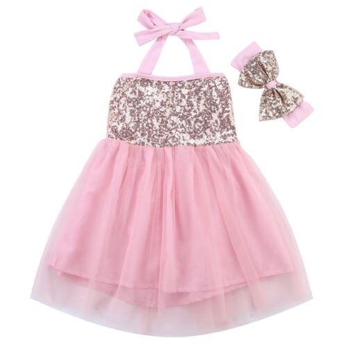 Cute Infant Kids Baby Girls Clothes Dress Toddler Jumpsuit Sleeveless Princess Clothing Dresses+Headband Outfits 2PCS 0-18M - ebowsos