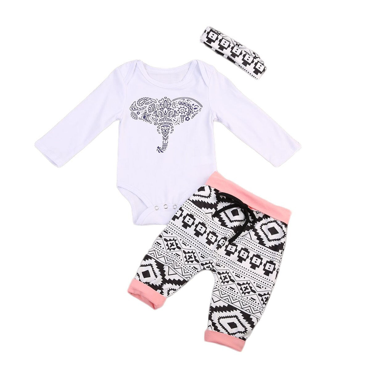 Cute Infant Newborn Baby Boy Girl Long Sleeve Romper+Pants 3pcs Outfits Clothes - ebowsos