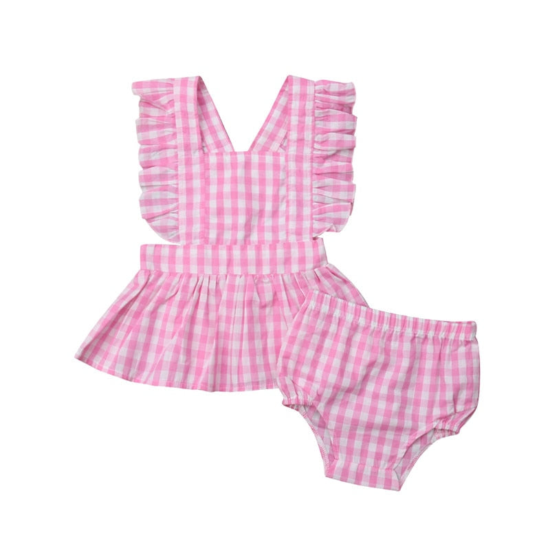 Cute Kid Baby Girl Plaid Ruffled Backless Tops Dress PP Bloomers Shorts Cotton 2Pcs Clothes 1-6Y - ebowsos