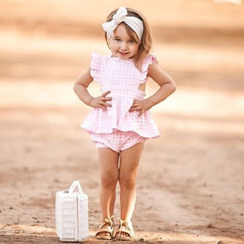 Cute Kid Baby Girl Plaid Ruffled Backless Tops Dress PP Bloomers Shorts Cotton 2Pcs Clothes 1-6Y - ebowsos