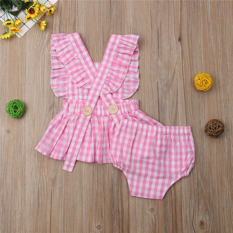 Cute Kid Baby Girl Plaid Ruffled Backless Tops Dress PP Bloomers Shorts Cotton 2Pcs Clothes 1-6Y - ebowsos