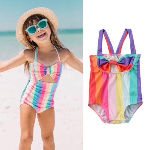 Cute Kids Baby Girl Bow Stripe Swimsuit Jumpsuit Swimwear Bathing - ebowsos