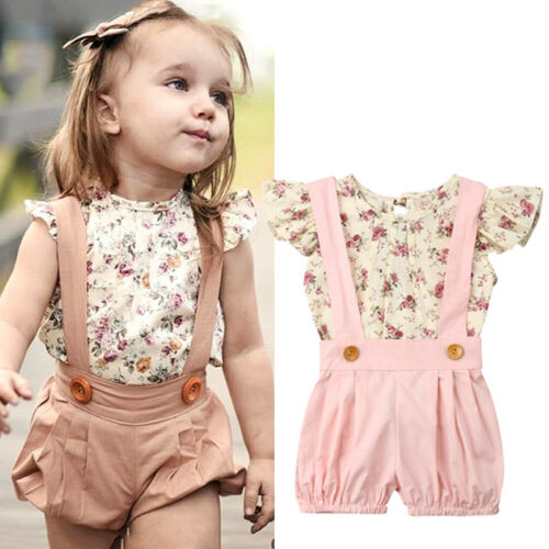 Cute Kids Baby Girl Floral T-shirt Tops Suspender Shorts Bib Pant Overalls 2PCS Summer Princess Girls Clothes Set - ebowsos