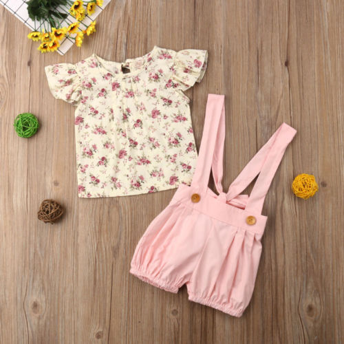 Cute Kids Baby Girl Floral T-shirt Tops Suspender Shorts Bib Pant Overalls 2PCS Summer Princess Girls Clothes Set - ebowsos