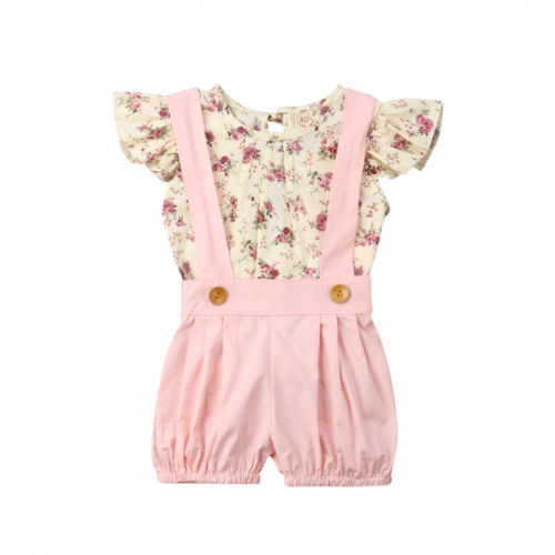 Cute Kids Baby Girl Floral T-shirt Tops Suspender Shorts Bib Pant Overalls 2PCS Summer Princess Girls Clothes Set - ebowsos