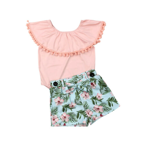 Cute Kids Baby Girl Summer Outfits Clothes Sets Pink Tassel T-shirt Tops+Print Shorts Pant 2PCS - ebowsos