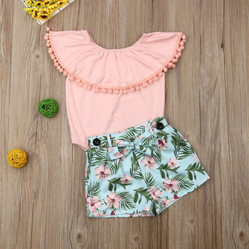 Cute Kids Baby Girl Summer Outfits Clothes Sets Pink Tassel T-shirt Tops+Print Shorts Pant 2PCS - ebowsos