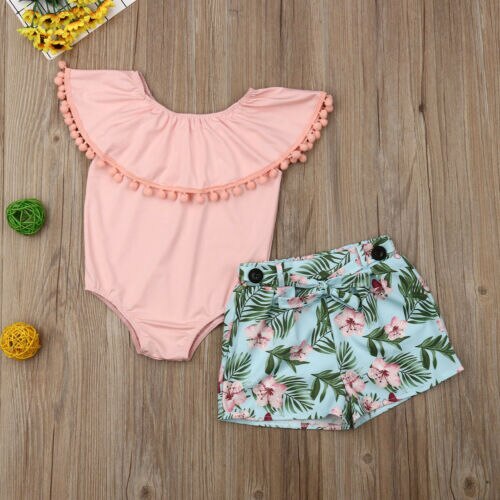 Cute Kids Baby Girl Summer Outfits Clothes Sets Pink Tassel T-shirt Tops+Print Shorts Pant 2PCS - ebowsos