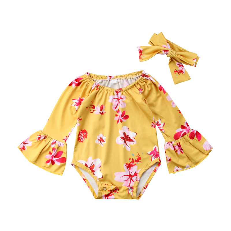 Cute Kids Clothes Newborn Toddler Infant Baby Girl Clothes Floral Romper Flare Long sleeve Jumpsuit Headband Outfit 0-24M - ebowsos