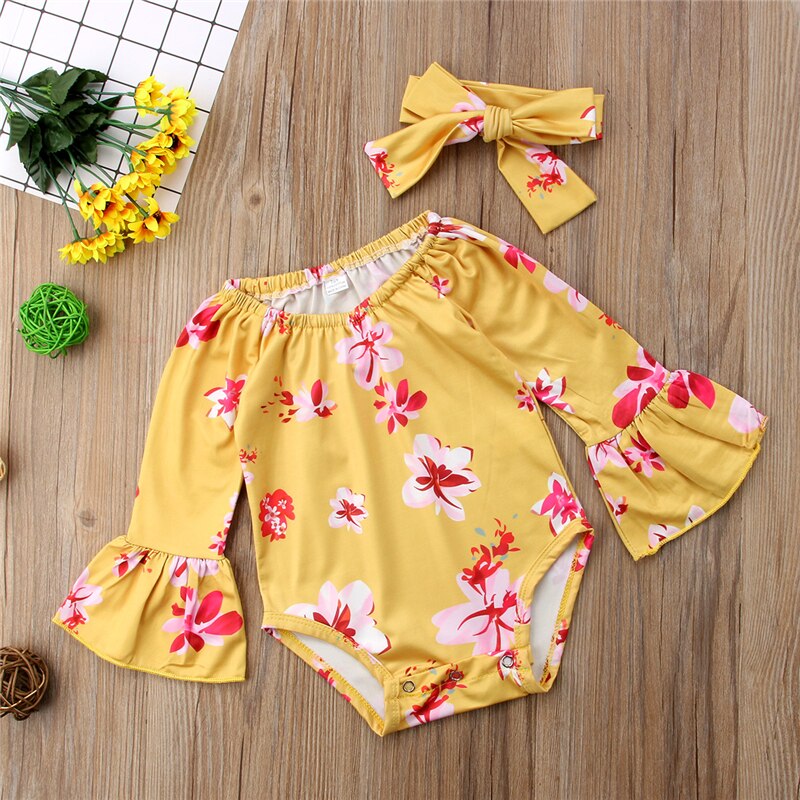 Cute Kids Clothes Newborn Toddler Infant Baby Girl Clothes Floral Romper Flare Long sleeve Jumpsuit Headband Outfit 0-24M - ebowsos