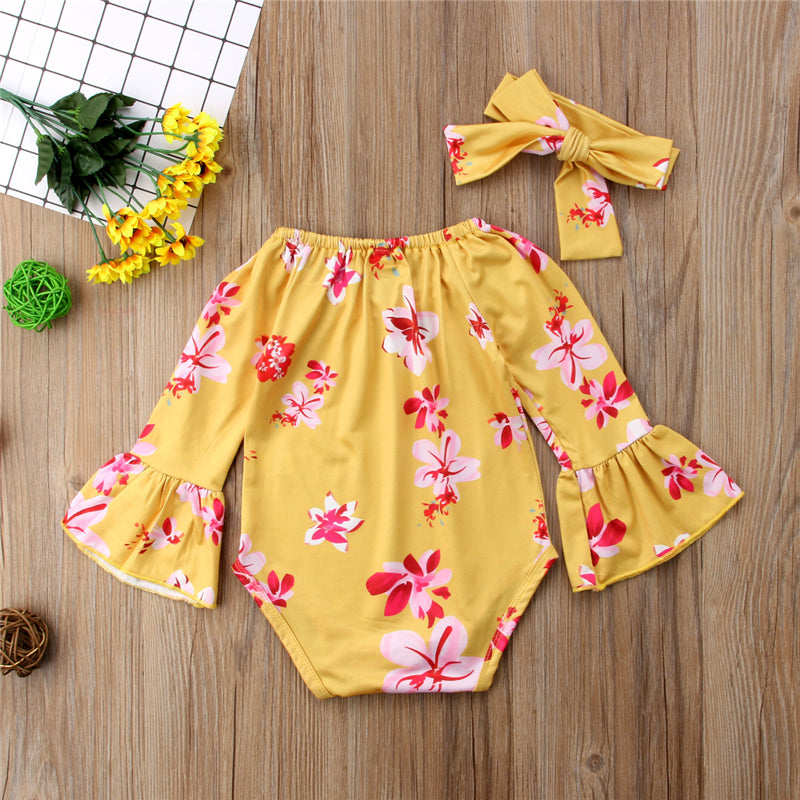 Cute Kids Clothes Newborn Toddler Infant Baby Girl Clothes Floral Romper Flare Long sleeve Jumpsuit Headband Outfit 0-24M - ebowsos