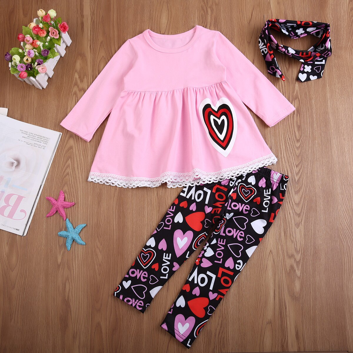 Cute Kids Newborn Baby Girl Long Sleeve Cotton T-shirt+Heart Print Pants Outfit Clothes Sets - ebowsos