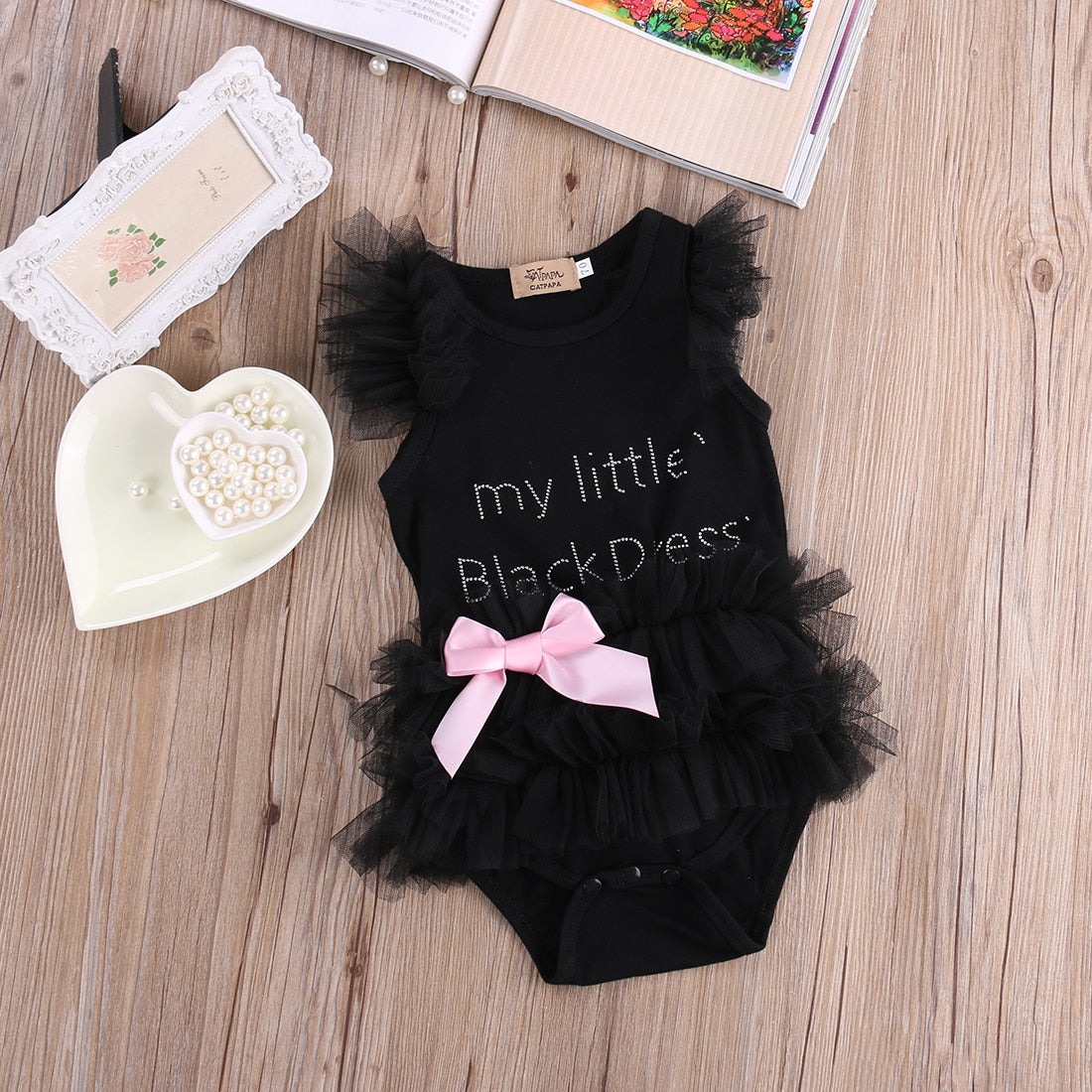 Cute Kids Newborn Infantil Baby Girls Bow Embroidered Little Black Dress Fashion Letter Romper Jumpsuit - ebowsos