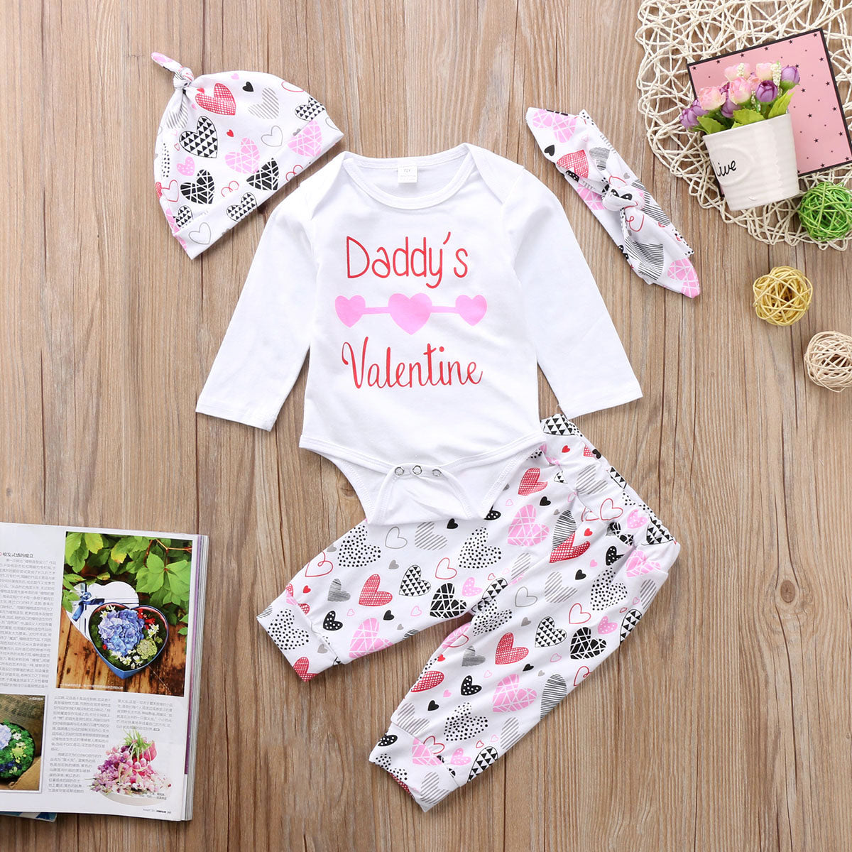 Cute Letter Heart Print Baby Girls Tops Long Sleeve Cotton Romper Pants Leggings Hat Outfits Set Clothes - ebowsos