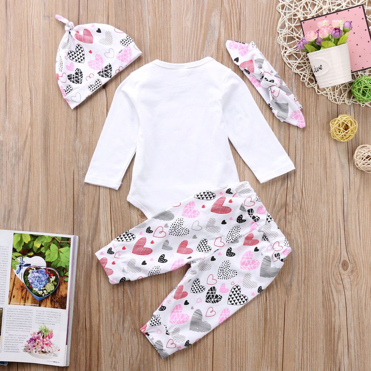 Cute Letter Heart Print Baby Girls Tops Long Sleeve Cotton Romper Pants Leggings Hat Outfits Set Clothes - ebowsos