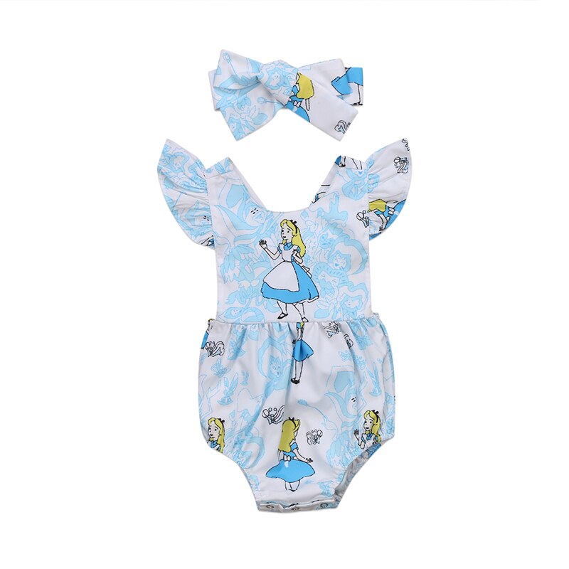 Cute Newborn Baby Girl Cartoon Romper Ruffles Back Cross Halter Jumpsuit Headband 2PCS Outfit Princess Girls Sunsuit - ebowsos