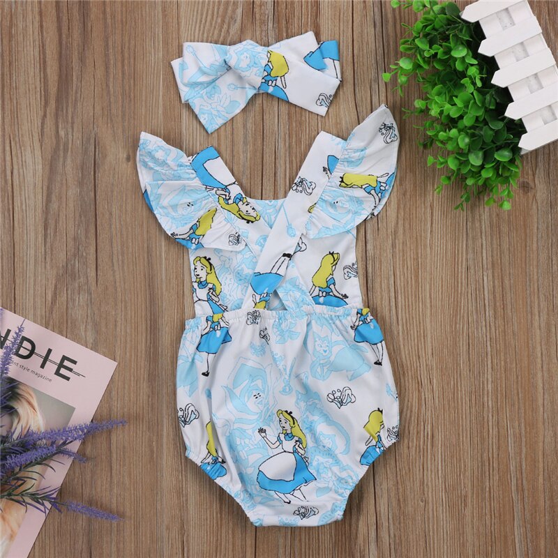 Cute Newborn Baby Girl Cartoon Romper Ruffles Back Cross Halter Jumpsuit Headband 2PCS Outfit Princess Girls Sunsuit - ebowsos