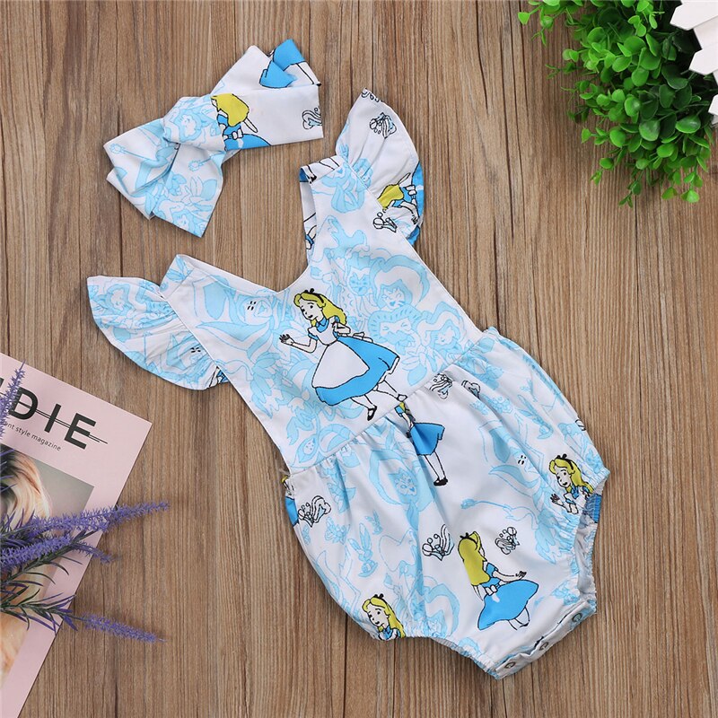 Cute Newborn Baby Girl Cartoon Romper Ruffles Back Cross Halter Jumpsuit Headband 2PCS Outfit Princess Girls Sunsuit - ebowsos