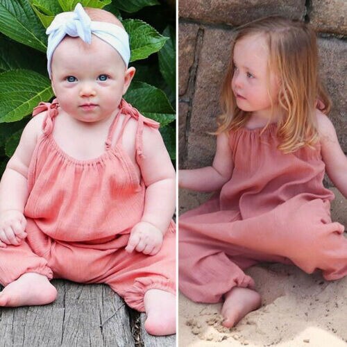 Cute Newborn Baby Girl Clothes Solid Loose Sling Romper Sleeveless Jumpsuit Kids Cotton Clothes - ebowsos