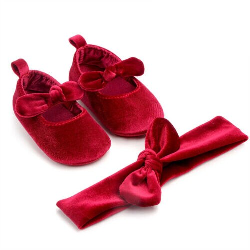 Cute Newborn Baby Girl Gold Velvet Toddler First Walkers Kid Shoes+Hairband Baby Girl Birthday Party Shoes - ebowsos