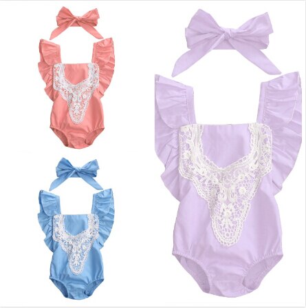 Cute Newborn Baby Girl Lace Splice Romper Clothes Infant Bebes Lace Jumpsuit Sunsuit + Headband 2PCS Outfit Clothing Set - ebowsos