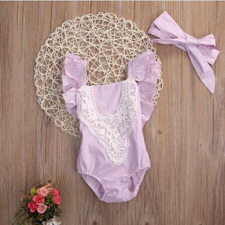 Cute Newborn Baby Girl Lace Splice Romper Clothes Infant Bebes Lace Jumpsuit Sunsuit + Headband 2PCS Outfit Clothing Set - ebowsos