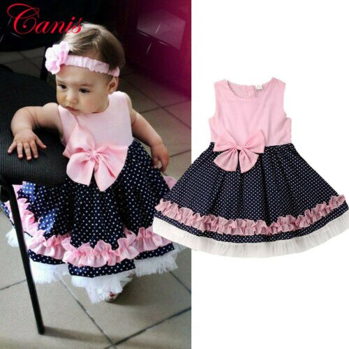 Cute Newborn Baby Girl Polka Dot Dress Bow Birthday Wedding Pageant Princess Formal Party Tulle Dress - ebowsos