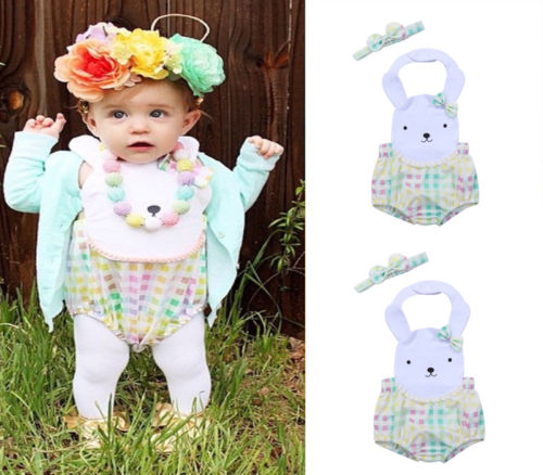 Cute Newborn Baby Girl Summer Rabbit Floral Romper Jumpsuit+Headband Outfits Set New - ebowsos